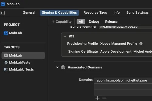 Configuração Associated Domains